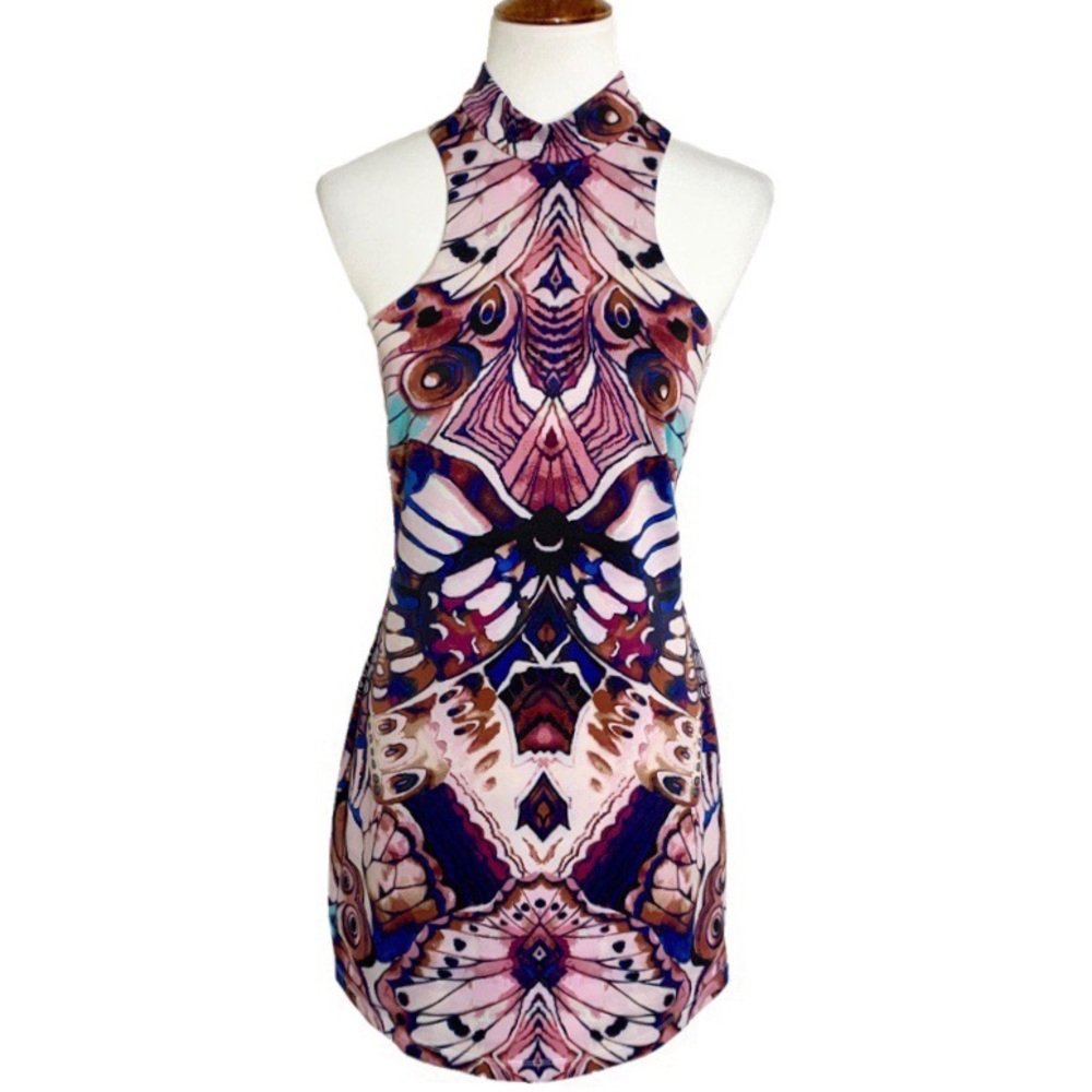 SOLD-Bebe Watercolor Halter Bodycon Dress - Picture 1 of 8